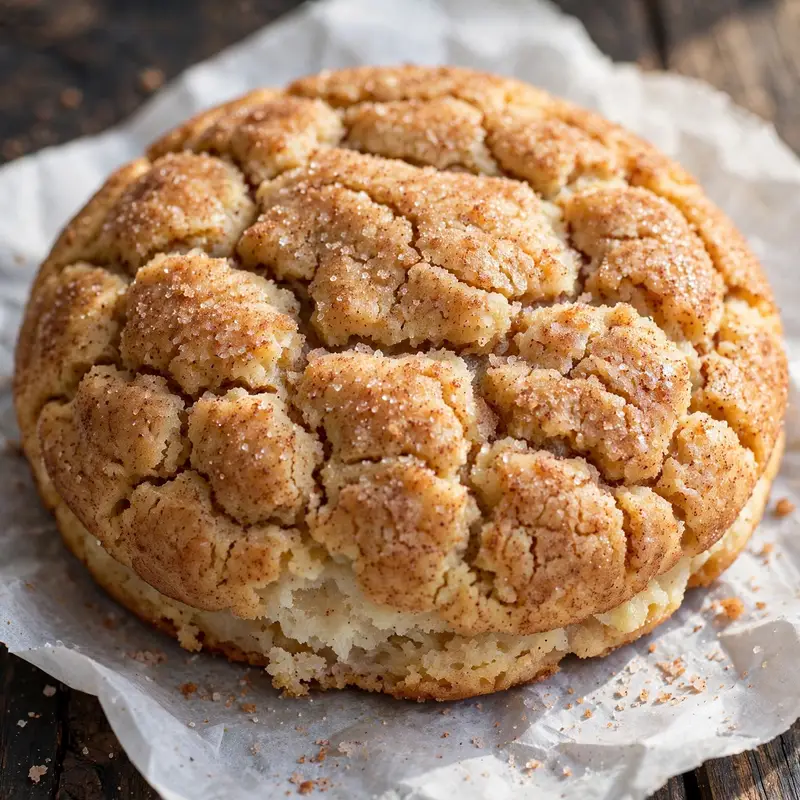 Single snickerdoodle cookie on parchment showing domed crinkled top with cinnamon sugar