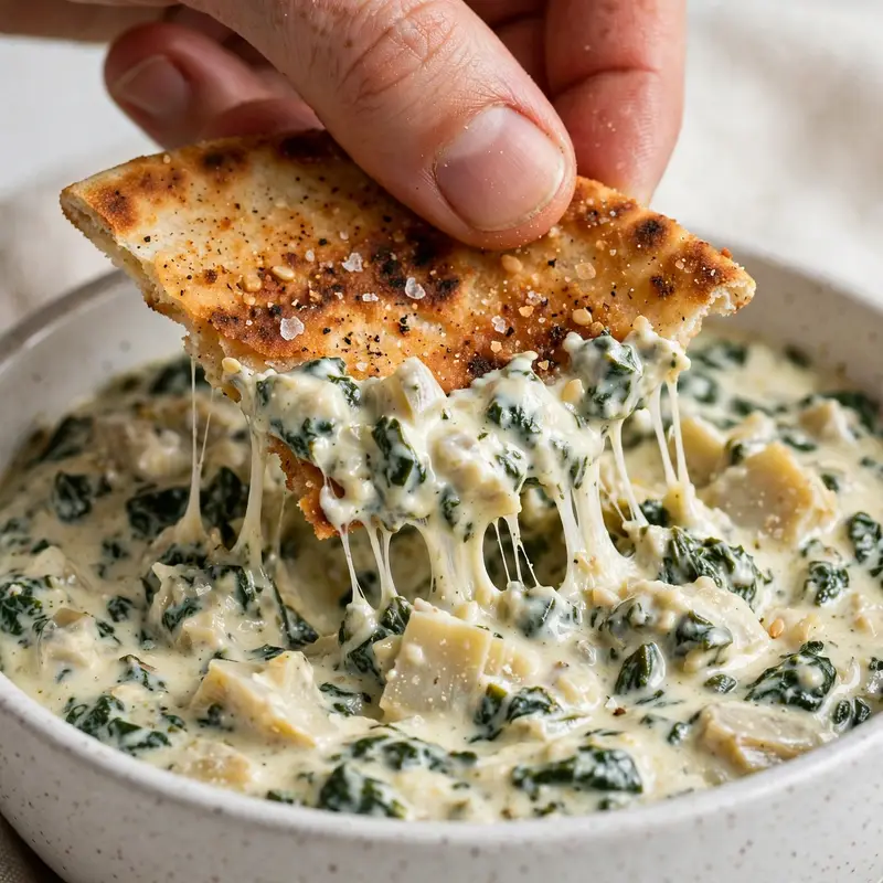 Pita chip being pulled through thick creamy spinach artichoke dip showing cheese pull