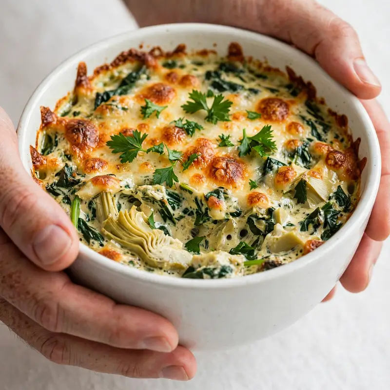 Hands holding bowl of hot spinach artichoke dip with golden cheese