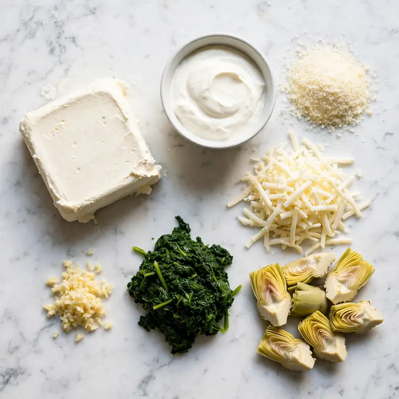 Spinach artichoke dip ingredients arranged on white marble including cream cheese