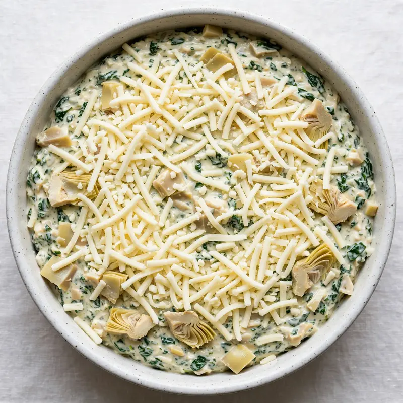 Unbaked spinach artichoke dip in ceramic dish topped with mozzarella before baking