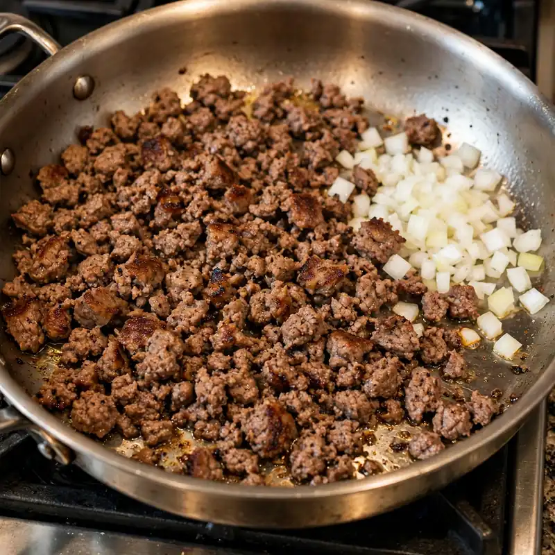 Ground beef and diced onion browning in a stainless steel skillet with caramelized edges