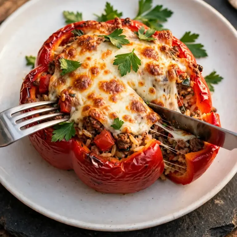 Fork and knife cutting into a stuffed red bell pepper with melted cheese on a white plate