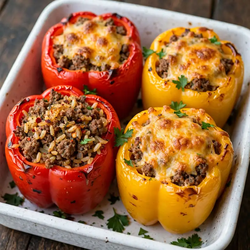 Stuffed bell peppers in white baking dish with melted cheese tops and ground beef rice filling on dark wood