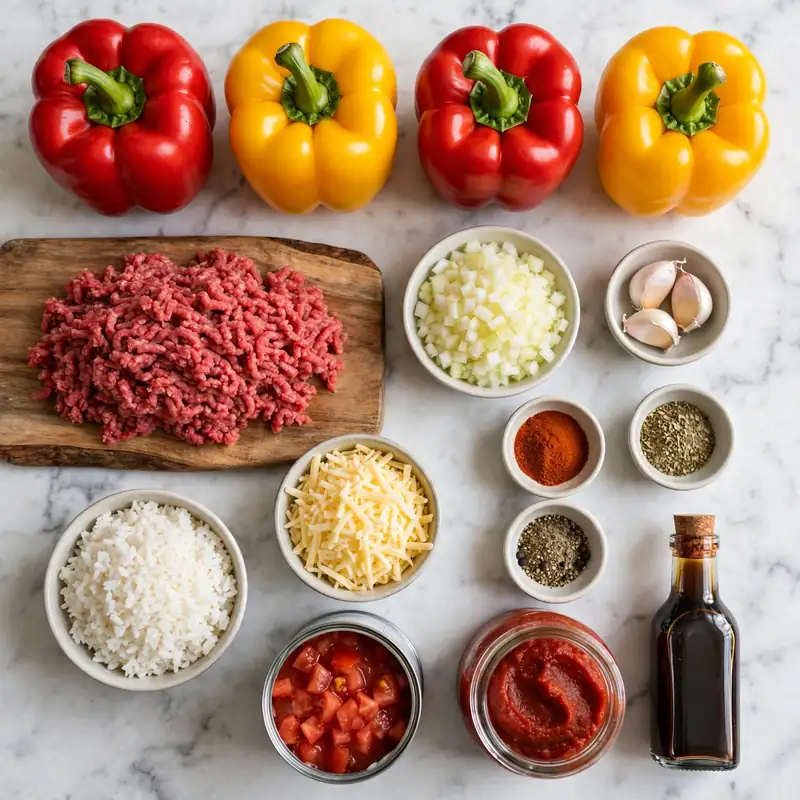 Stuffed peppers ingredients flat lay on white marble including bell peppers, ground beef, rice, tomatoes, and cheese