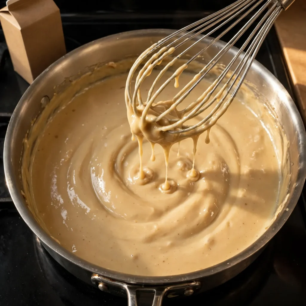 Cream gravy being whisked in a skillet for Swedish meatballs