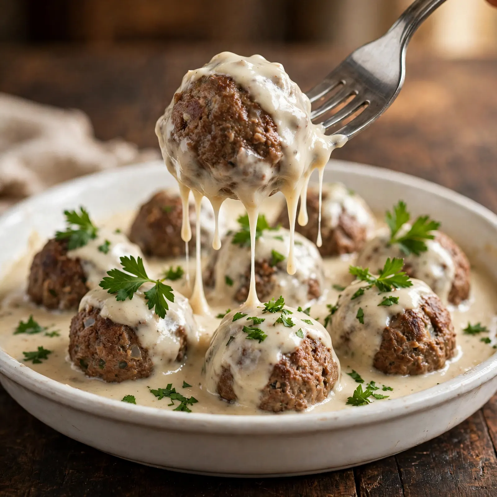 Fork lifting a Swedish meatball covered in creamy gravy above a white serving dish
