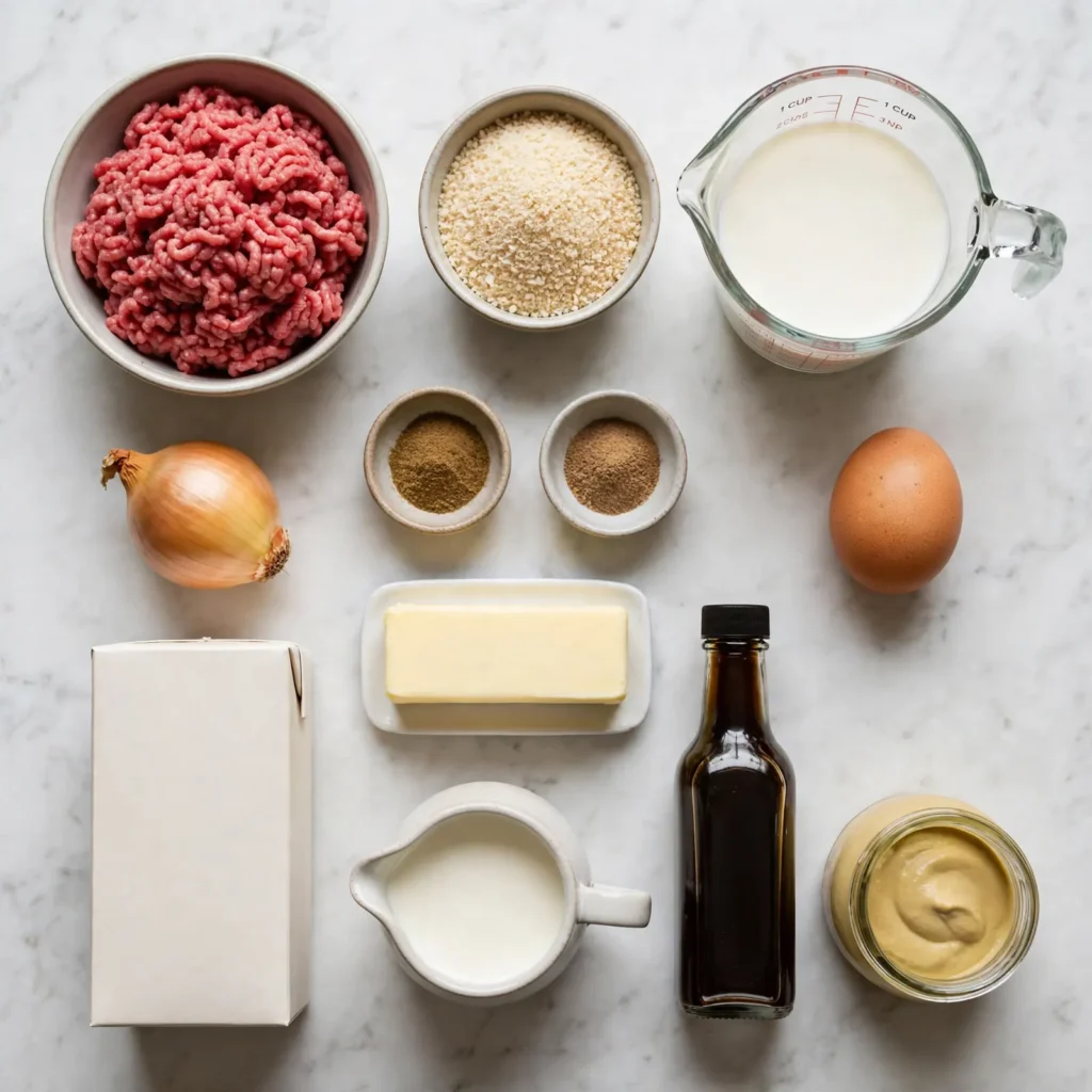 Swedish meatball ingredients on white marble including ground beef, cream, spices, and broth