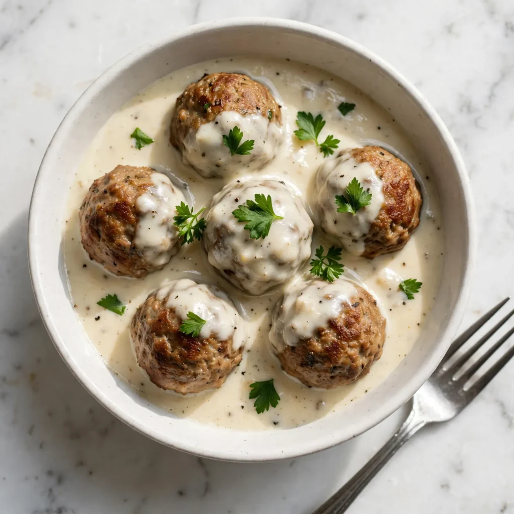 Overhead close-up of Swedish meatballs in cream gravy in a white bowl