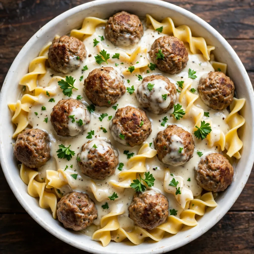 Overhead view of Swedish meatballs in cream gravy over egg noodles in a white serving dish
