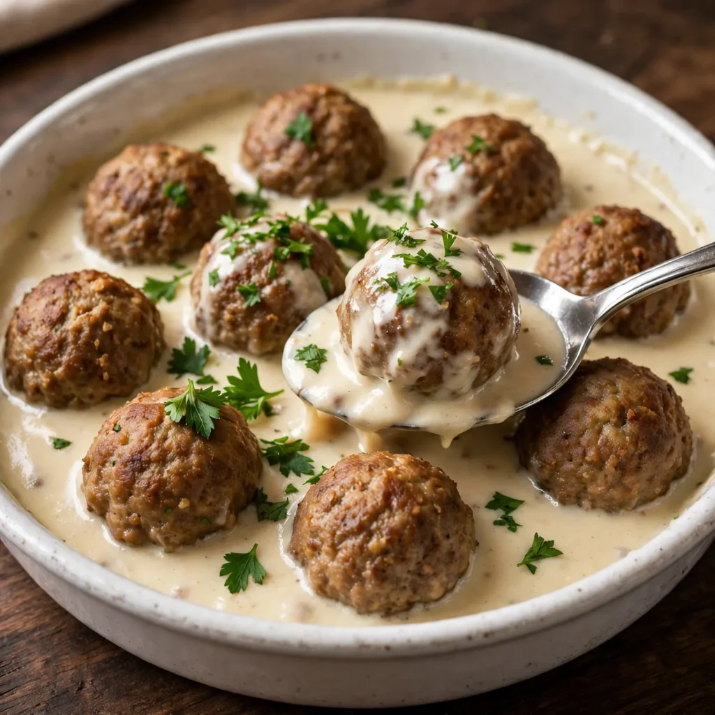 Swedish meatballs in cream gravy in a white serving dish with parsley
