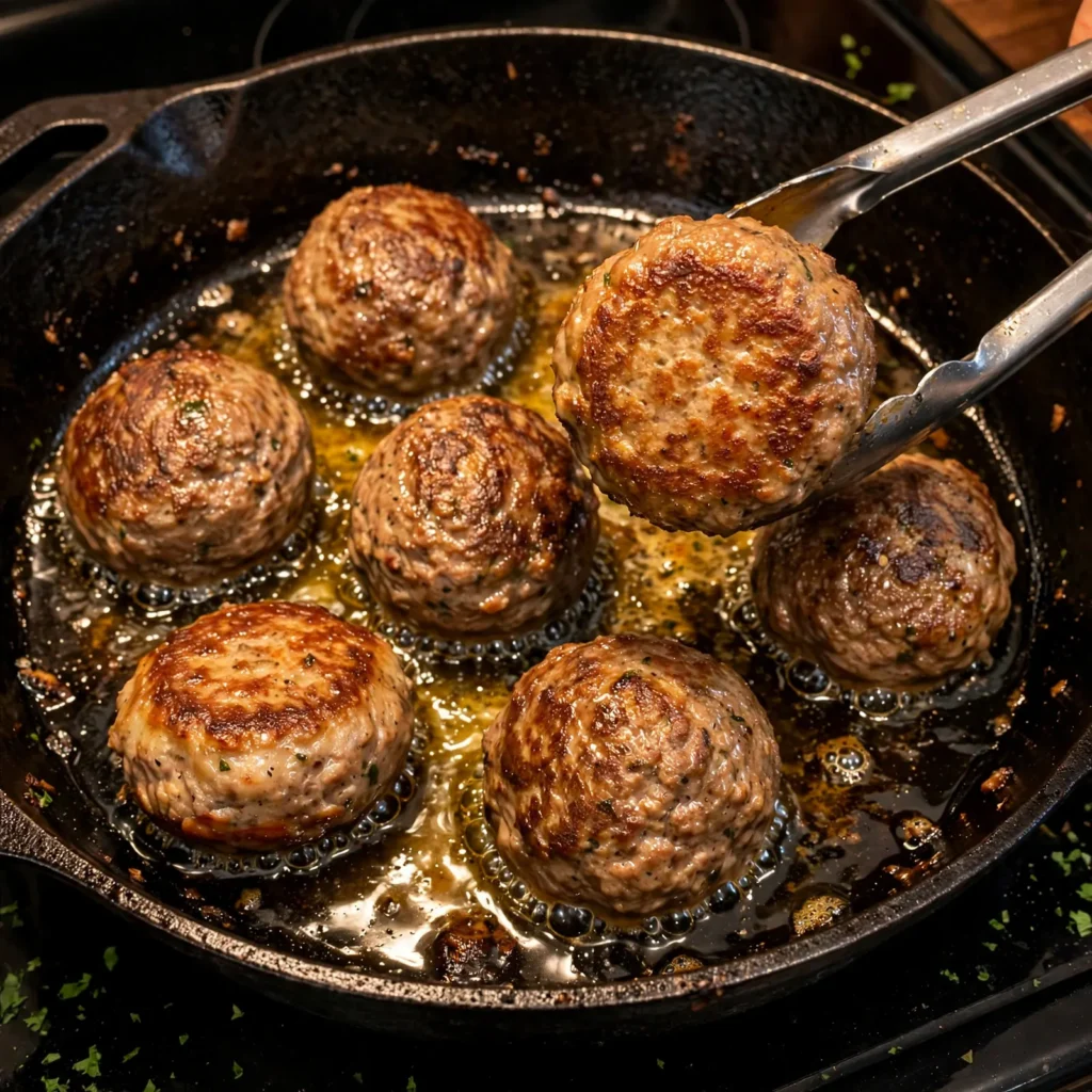 Swedish meatballs searing in a cast iron skillet developing golden-brown crust