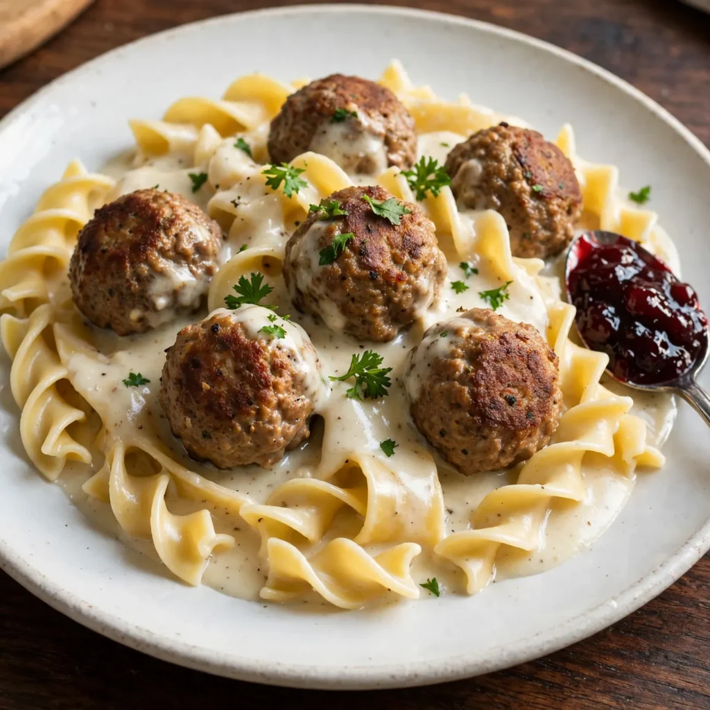 Swedish meatballs in cream gravy over egg noodles with lingonberry jam on a white plate