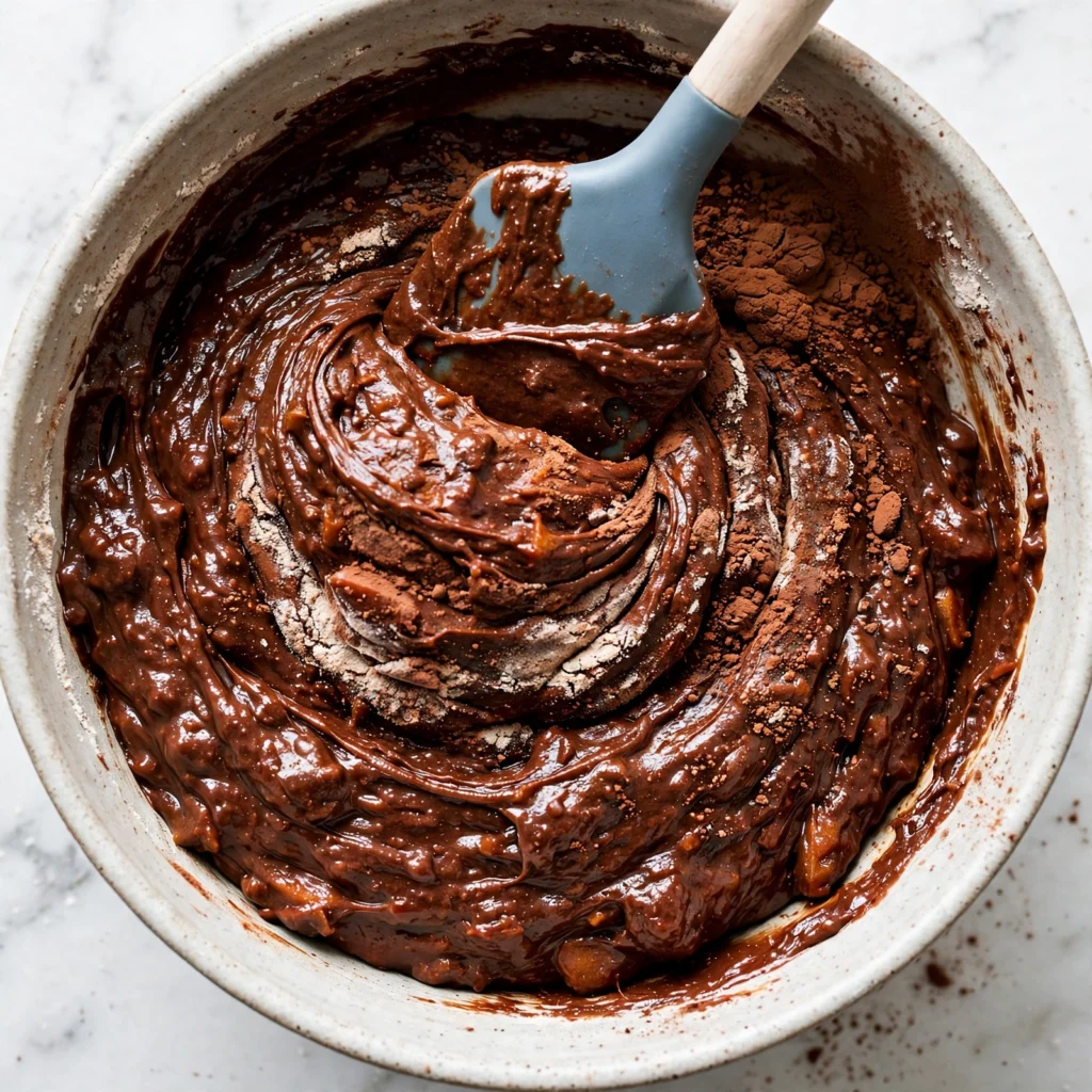 Deep dark chocolate sweet potato brownie batter being folded with a spatula in a mixing bowl