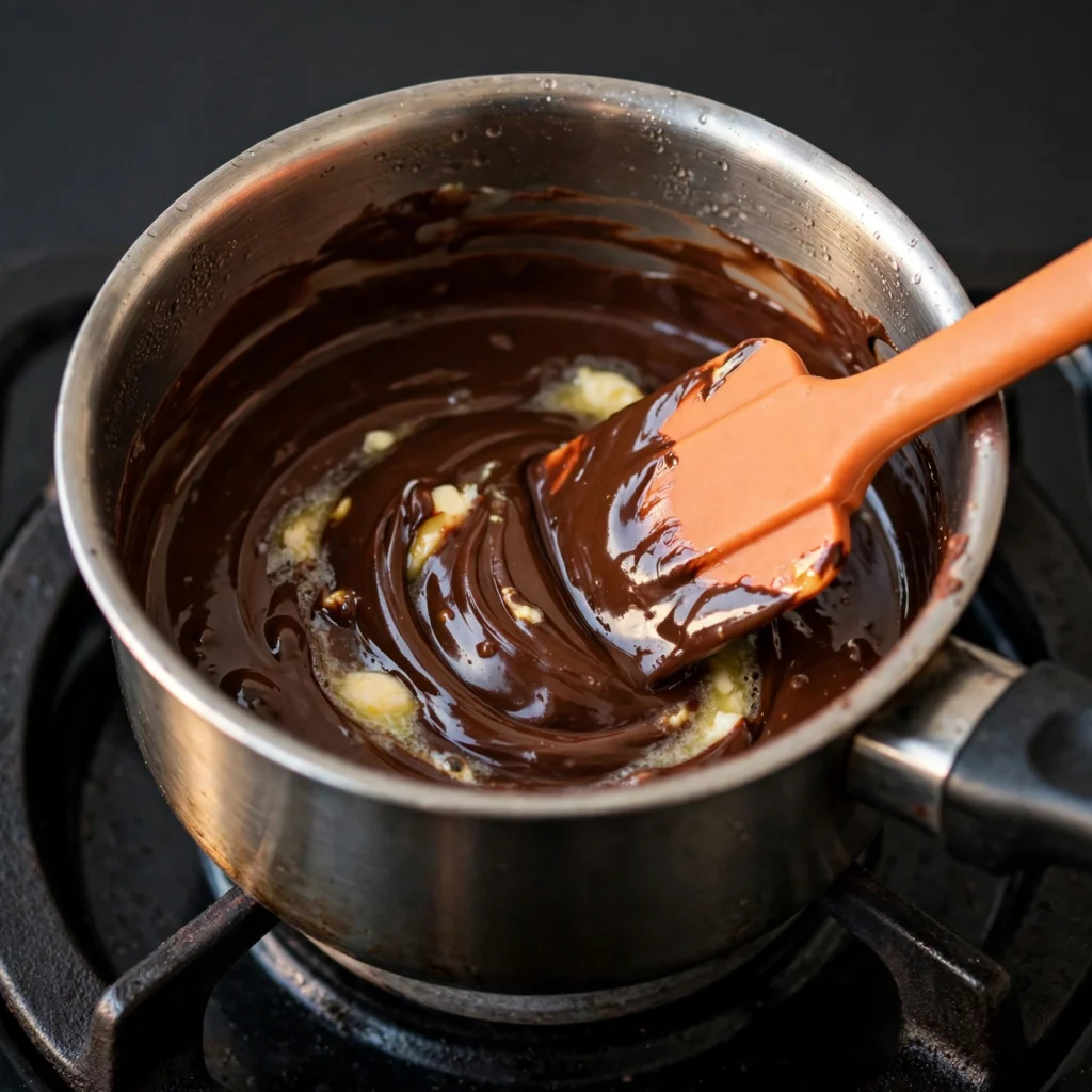 Dark chocolate and butter melting in a glass bowl over a saucepan of simmering water