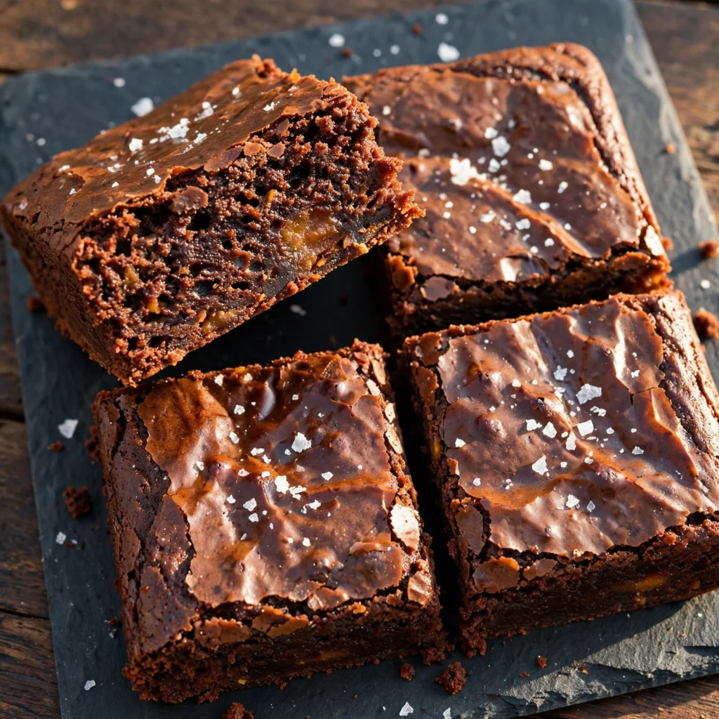 Sweet potato brownies cut into squares on a dark slate board showing fudgy dense interior