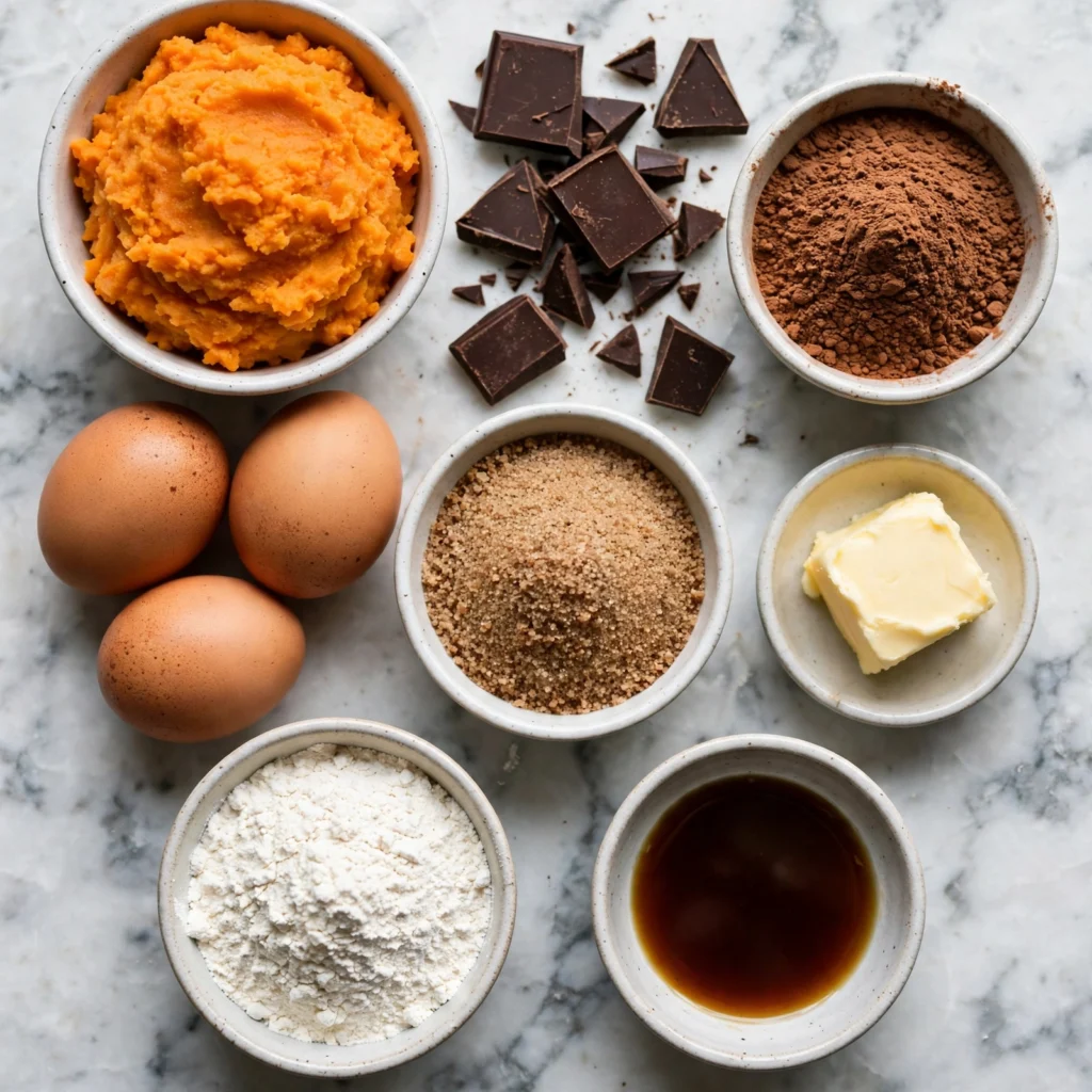 Sweet potato brownie ingredients on white marble including mashed sweet potato dark chocolate cocoa and eggs