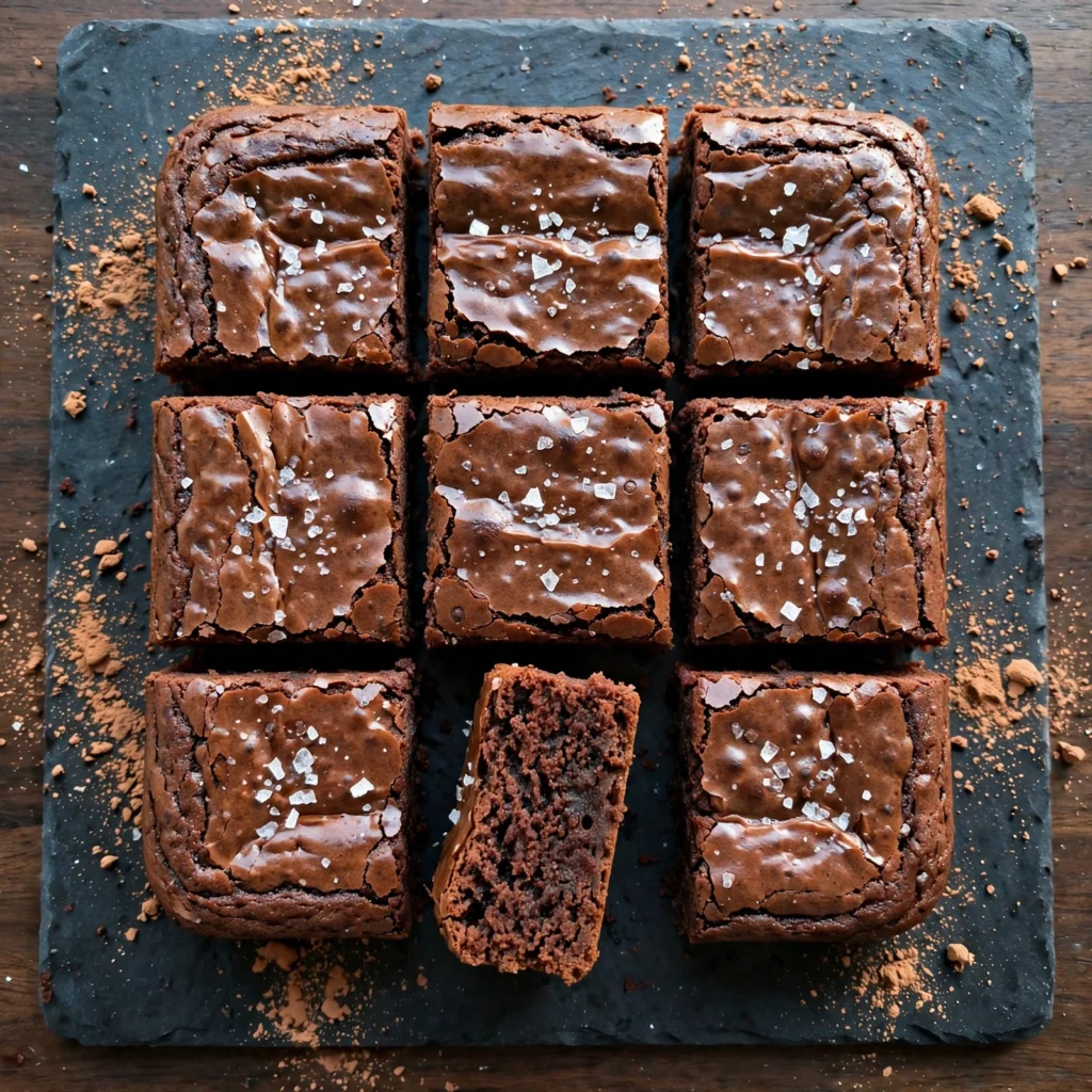 Nine sweet potato brownie squares on a dark slate board showing glossy surface and fudgy interior