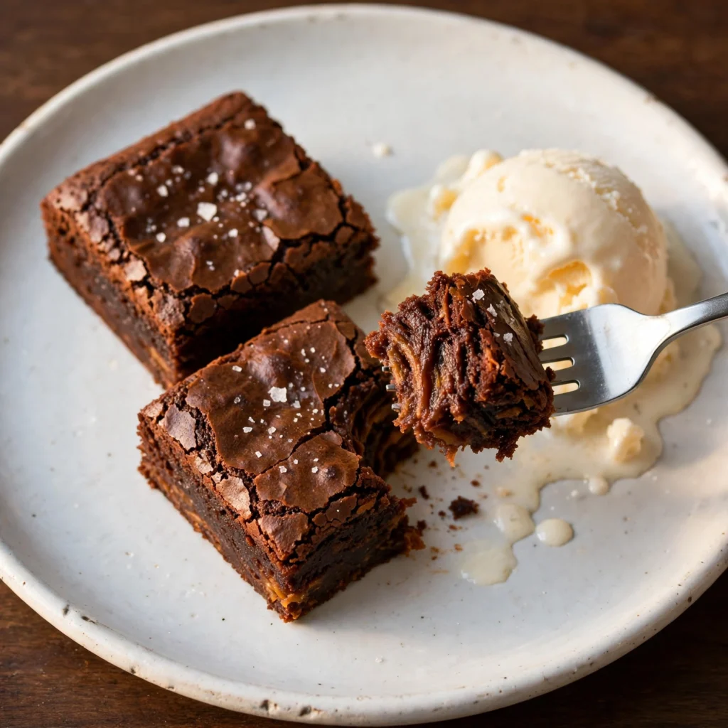 Sweet potato brownies on a white plate with vanilla ice cream and flaky salt