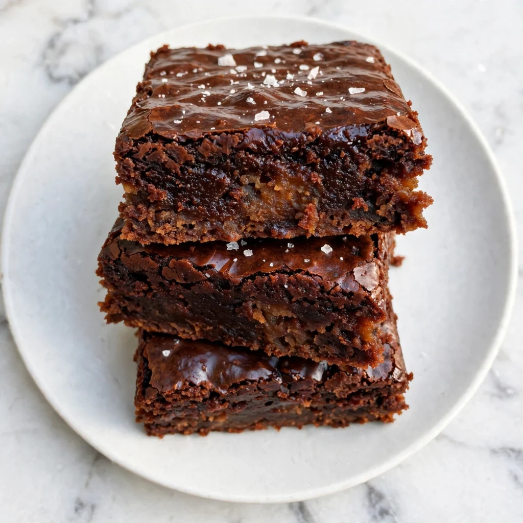 Stack of three sweet potato brownie squares on a white plate showing dense fudgy layers