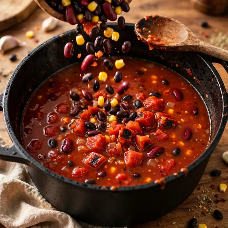 Taco soup simmering with beans and corn