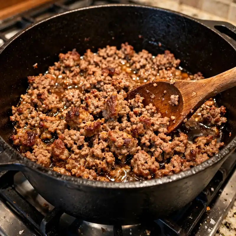 Browning seasoned beef in Dutch oven