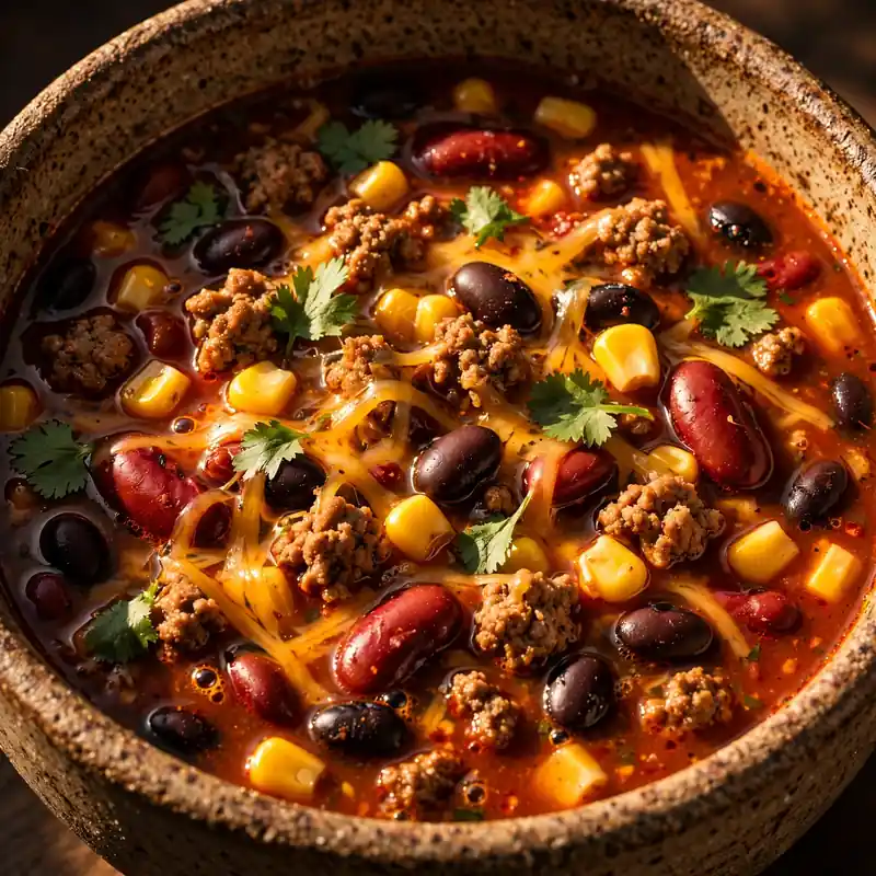 Hearty taco soup with beef beans and cheese