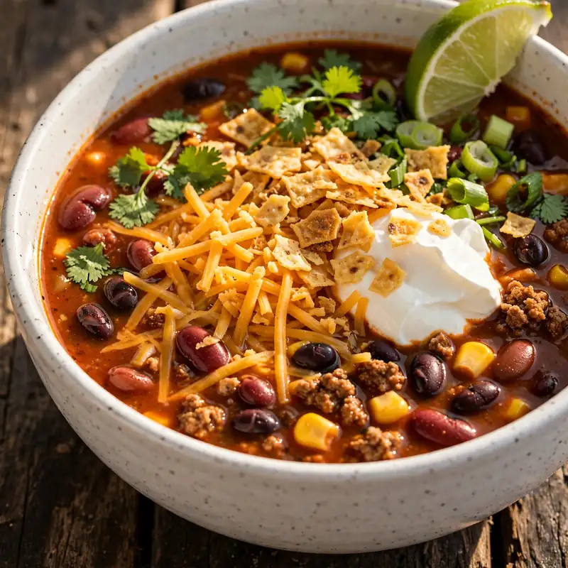 Hearty taco soup with cheese and toppings