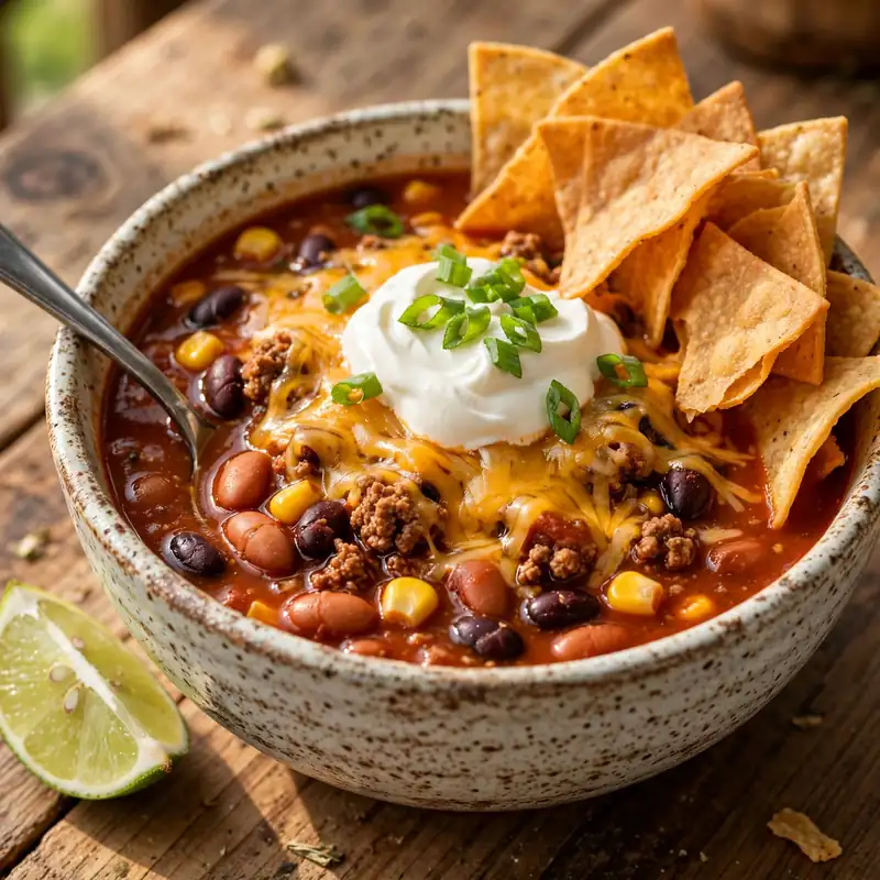 Taco soup serving with chips and lime
