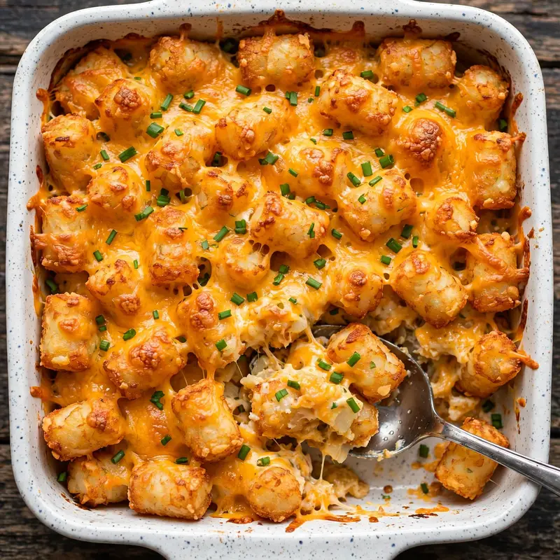 Tater tot casserole with spoon serving a cheesy portion
