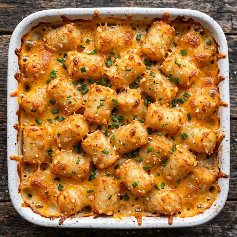 Overhead view of finished tater tot casserole with crispy tots, melted cheese