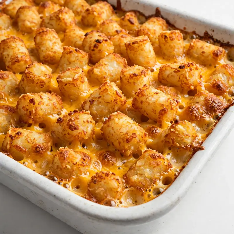 Cheesy tater tot casserole in white baking dish with crispy golden tots