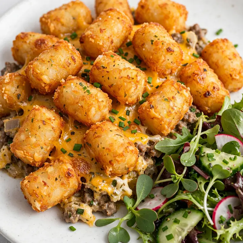 Tater tot casserole portion on white plate with side salad and chive garnish