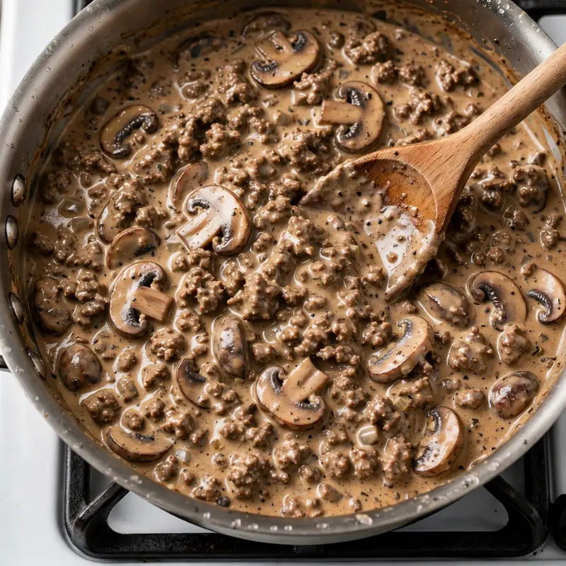 Ground beef and cream of mushroom sauce being stirred in a stainless skillet