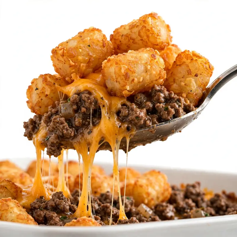 Spoon lifting a portion of tater tot casserole showing crispy tots and cheese