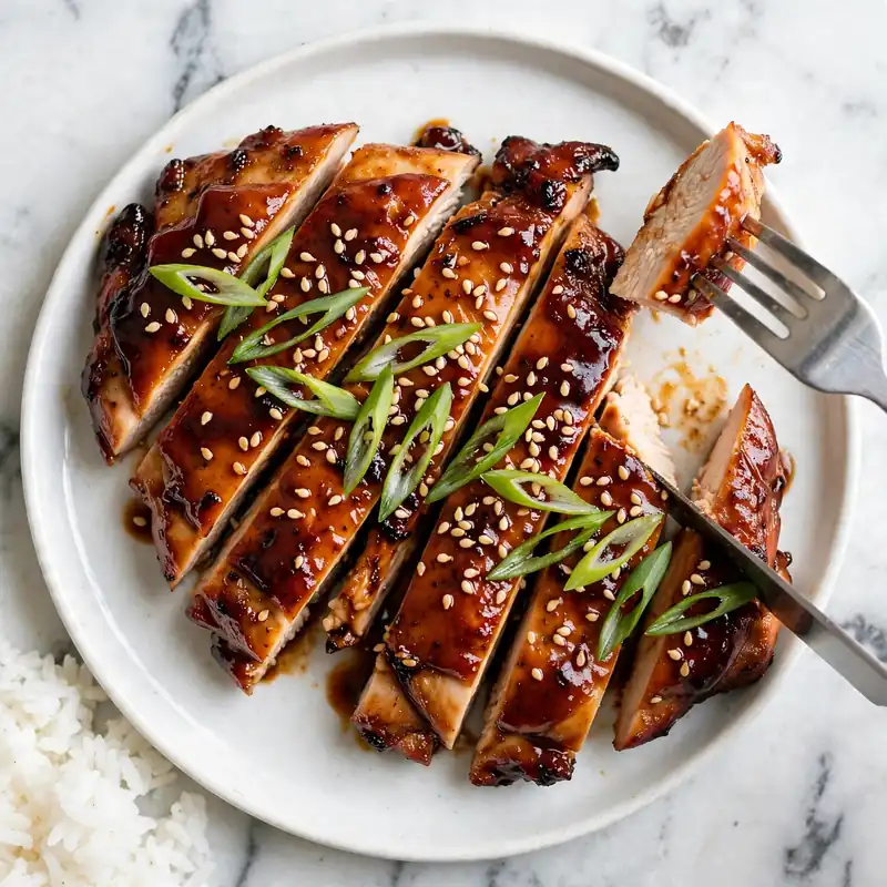 Sliced teriyaki chicken being cut with a fork and knife on a white plate