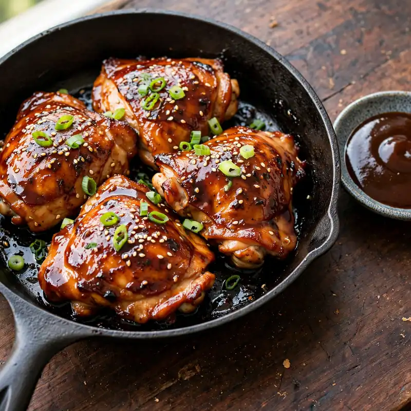 Teriyaki chicken thighs in cast iron skillet with glossy mahogany sauce, sesame seeds, and green onions