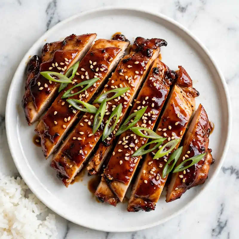 Overhead view of sliced teriyaki chicken on white plate with sesame seeds and green onions over white marble