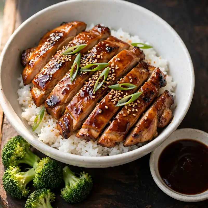 Teriyaki chicken rice bowl with sliced glazed chicken, sesame seeds, green onions, broccoli, and extra sauce