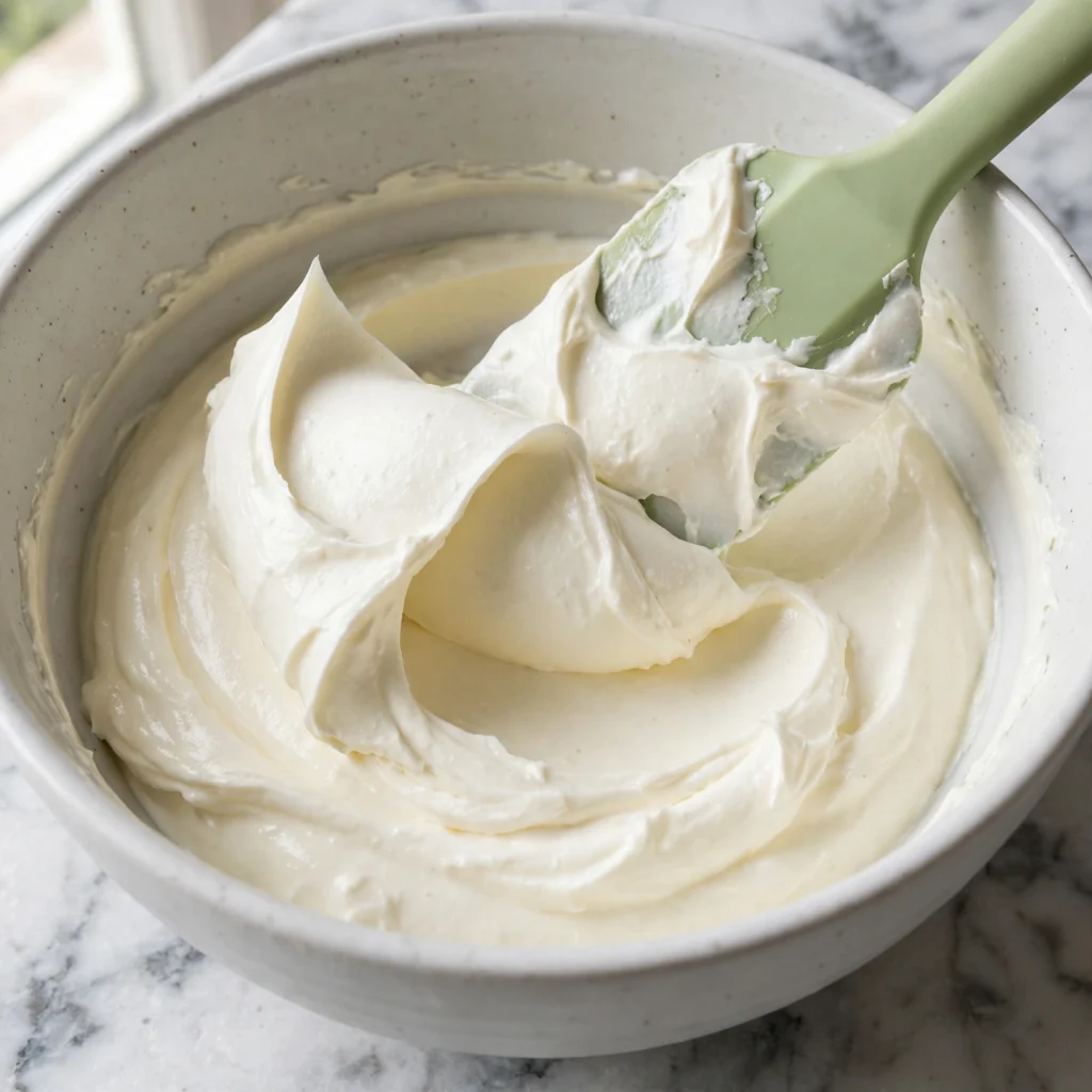 Silky mascarpone and whipped cream being folded together in a white bowl with a silicone spatula showing light airy texture