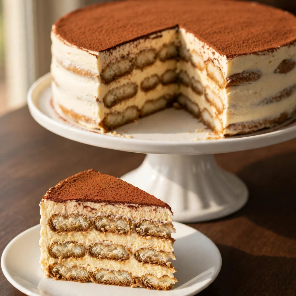 Final beauty shot of tiramisu cake on white cake stand with one slice removed showing layered cross-section and espresso cup beside on dark wood