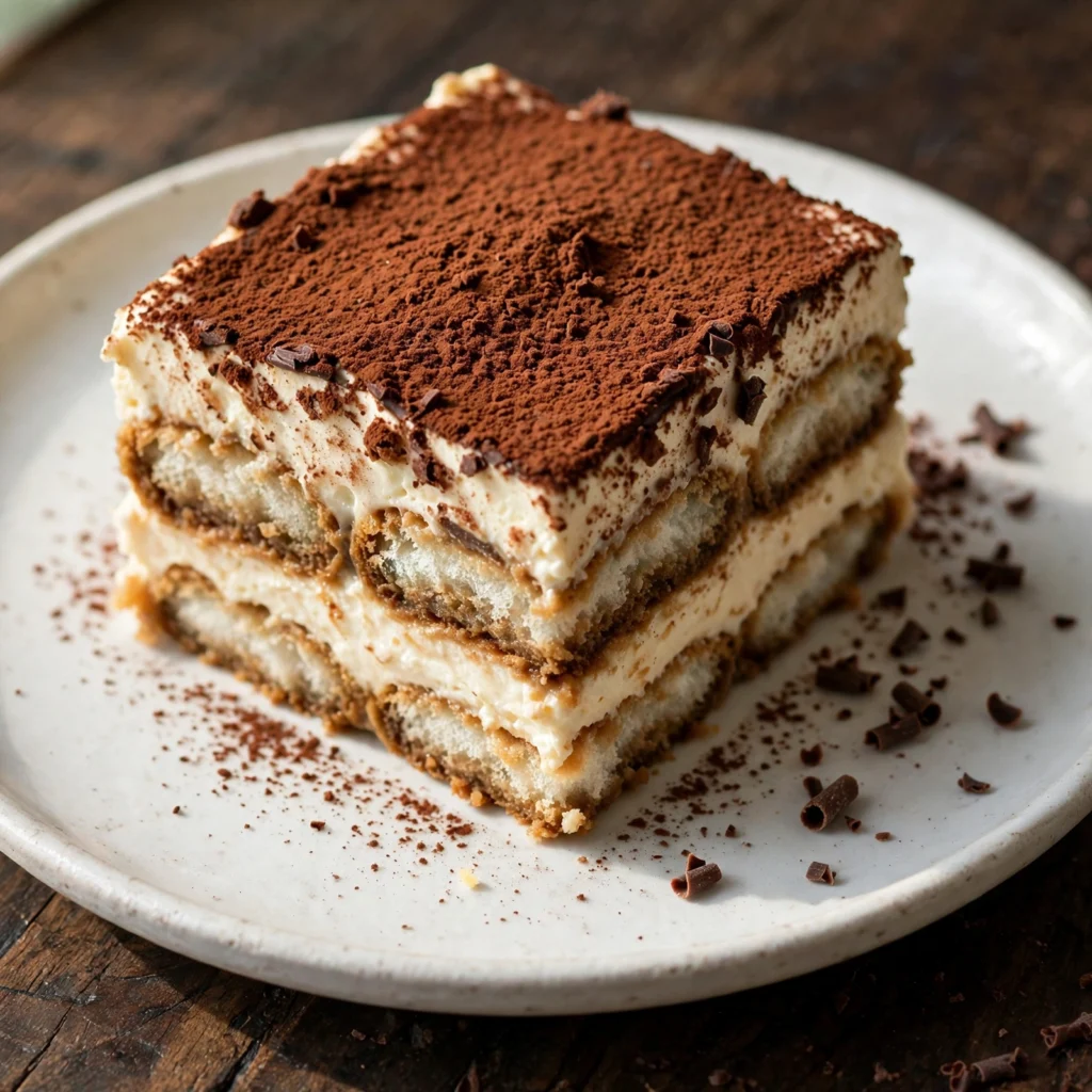 Tiramisu cake slice on white plate showing espresso-soaked ladyfinger layers and mascarpone cream on dark wood