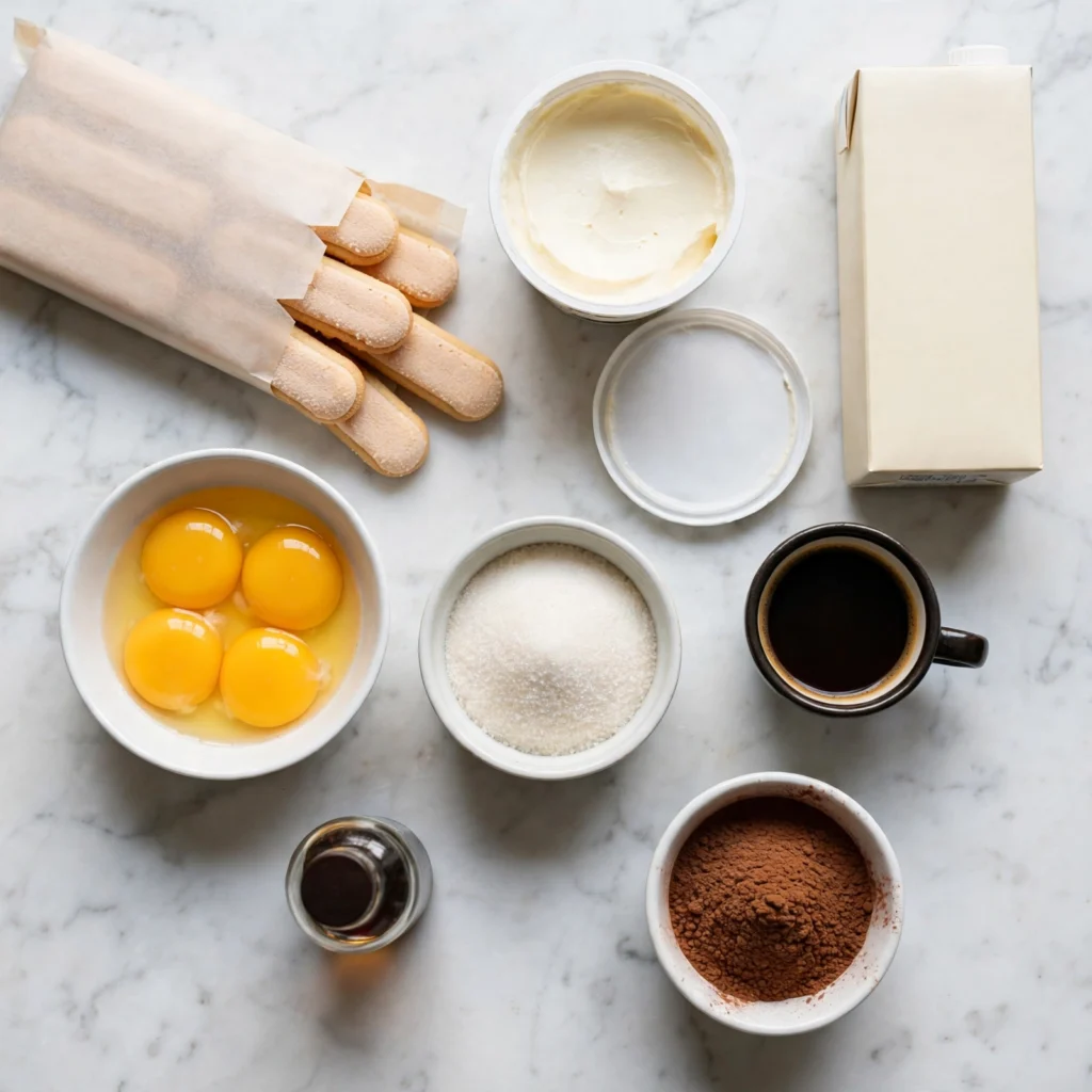 Tiramisu cake ingredients flat lay on white marble including ladyfingers, mascarpone, eggs, espresso, cream, and cocoa powder