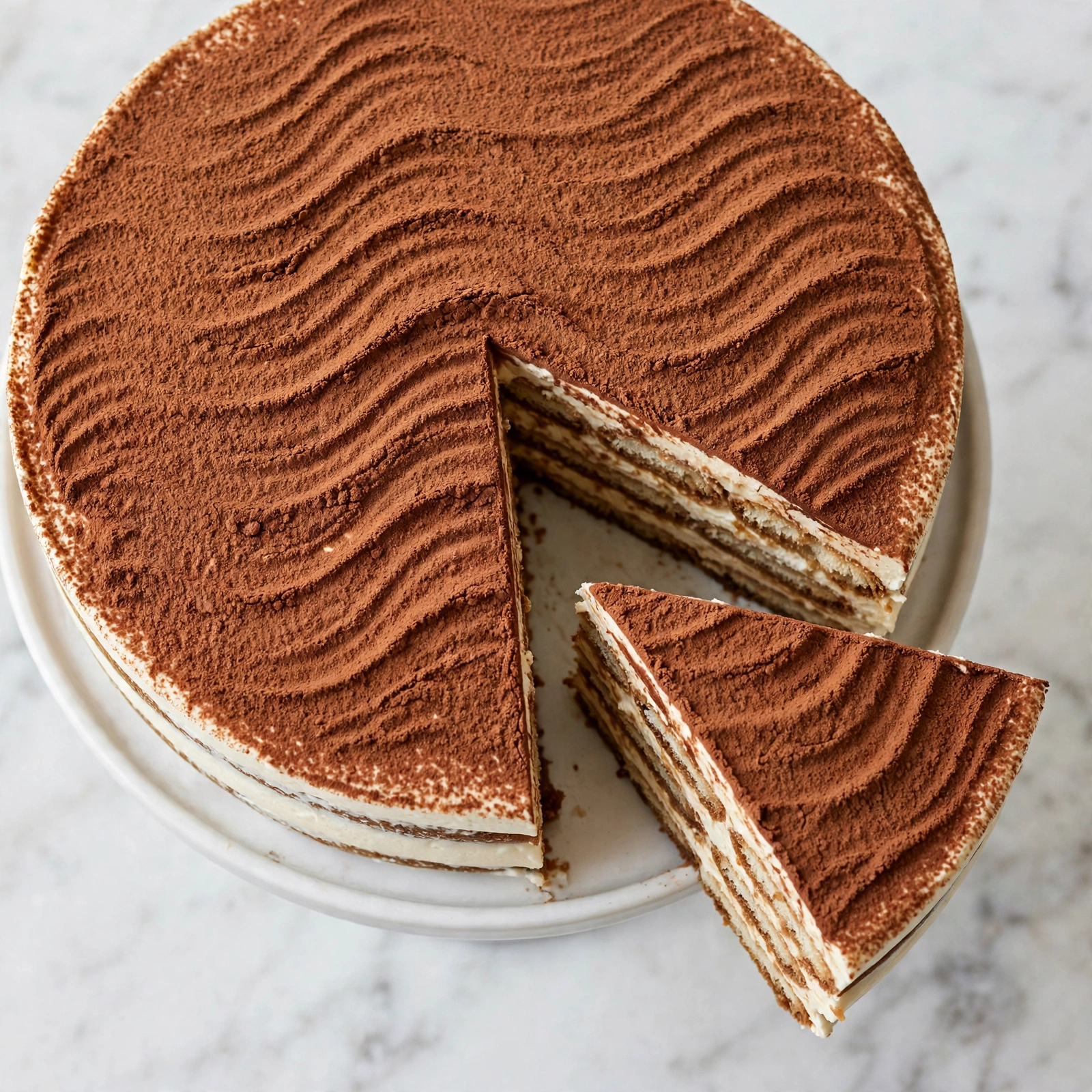 Overhead view of whole tiramisu cake on white cake stand with cocoa-dusted surface and one slice pulled away on white marble