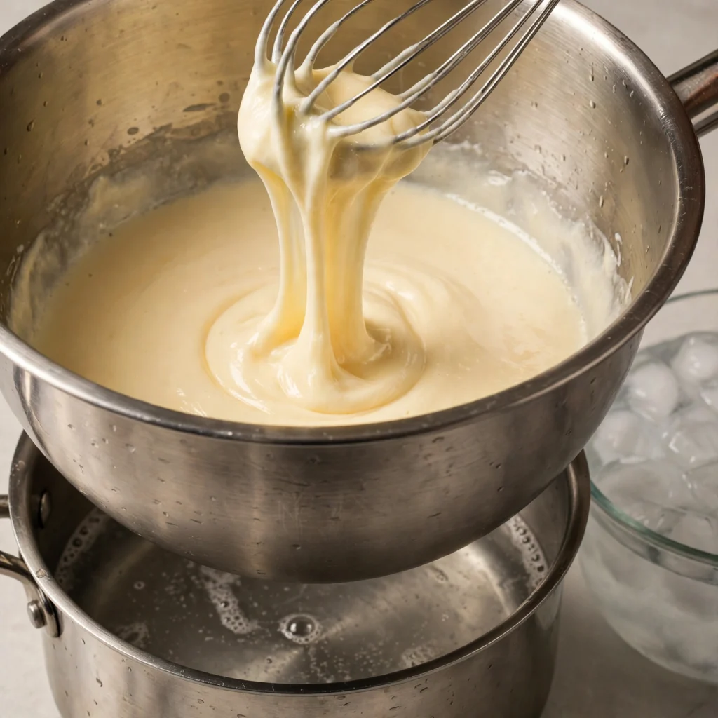 Pale ivory sabayon being cooked over a double boiler with ribbon consistency falling from a whisk and ice bath nearby