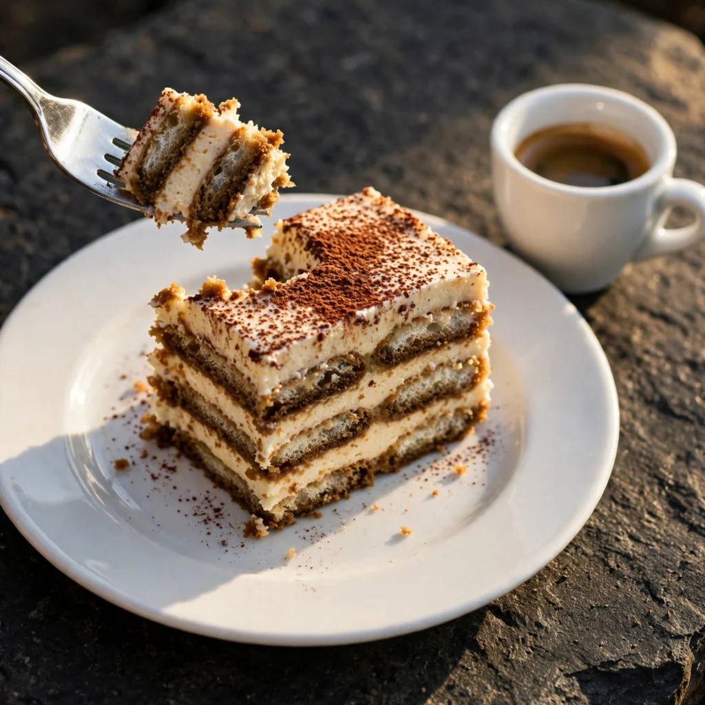 Tiramisu cake slice on white ceramic plate showing espresso ladyfinger layers and mascarpone cream beside a small espresso cup on dark stone