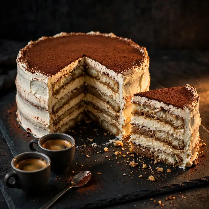 Tiramisu cake with cocoa powder topping