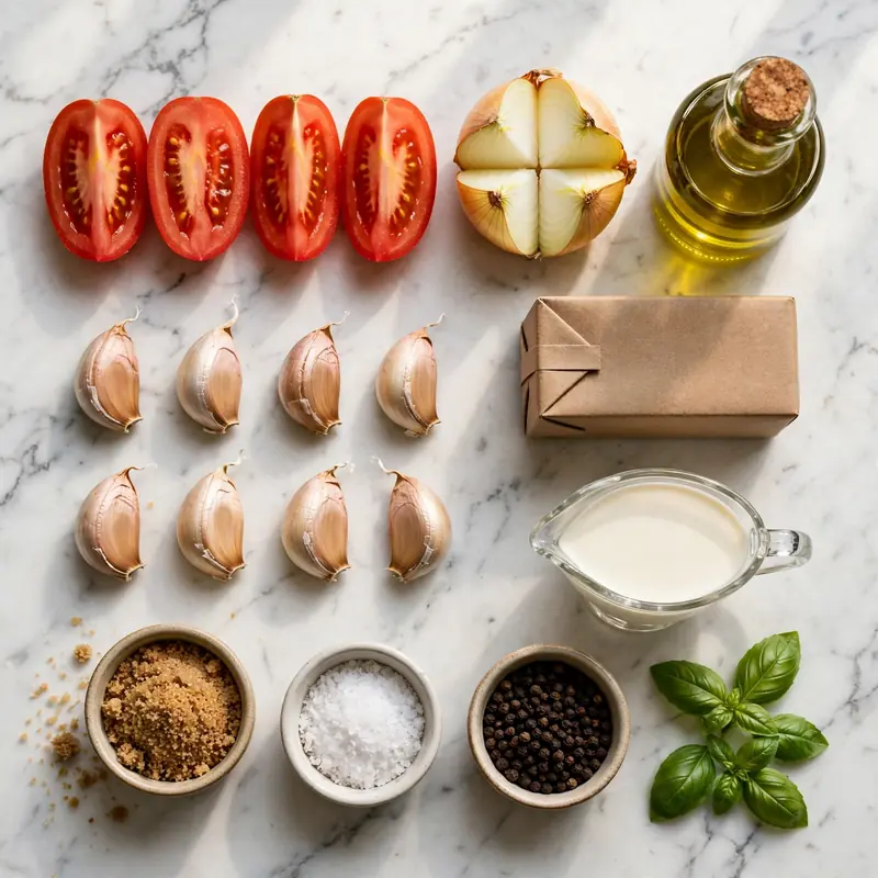 Tomato soup ingredients flat lay on white marble including Roma tomatoes, garlic, onion, cream, broth, and fresh basil