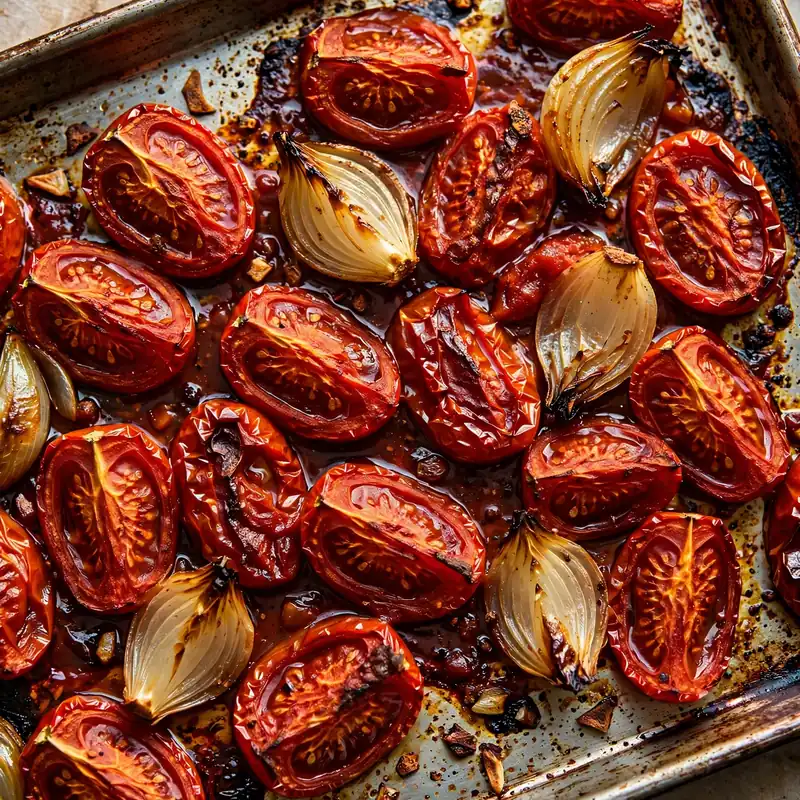 Deeply roasted Roma tomatoes on a sheet pan with caramelized surfaces, browned onion, and concentrated tomato juice