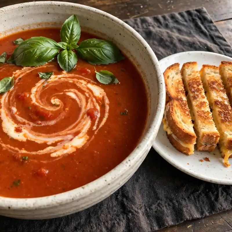 Tomato soup in white bowl with cream and basil beside a grilled cheese sandwich on dark linen table